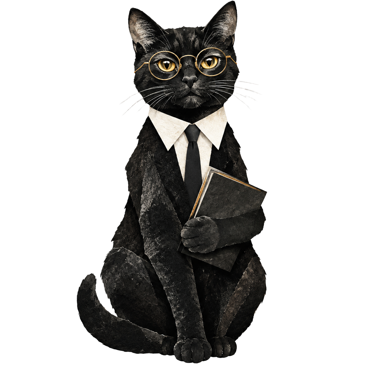 Little CEO black business cat wearing glasses and a colorful tie